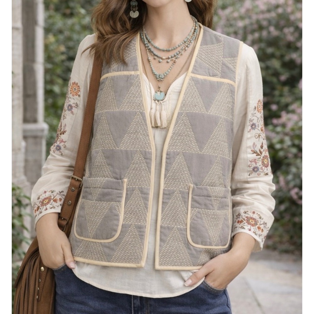 NWT J. Jill Elements Quilted Triangle Vest Grey Cream Size XS Cottagecore